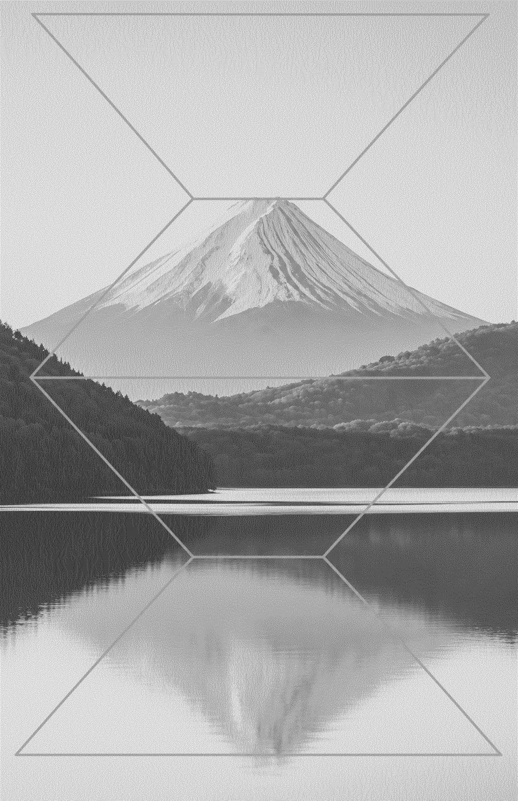 A snow-capped mountain mirrored in a still lake, traced with the bottle's faceted outline